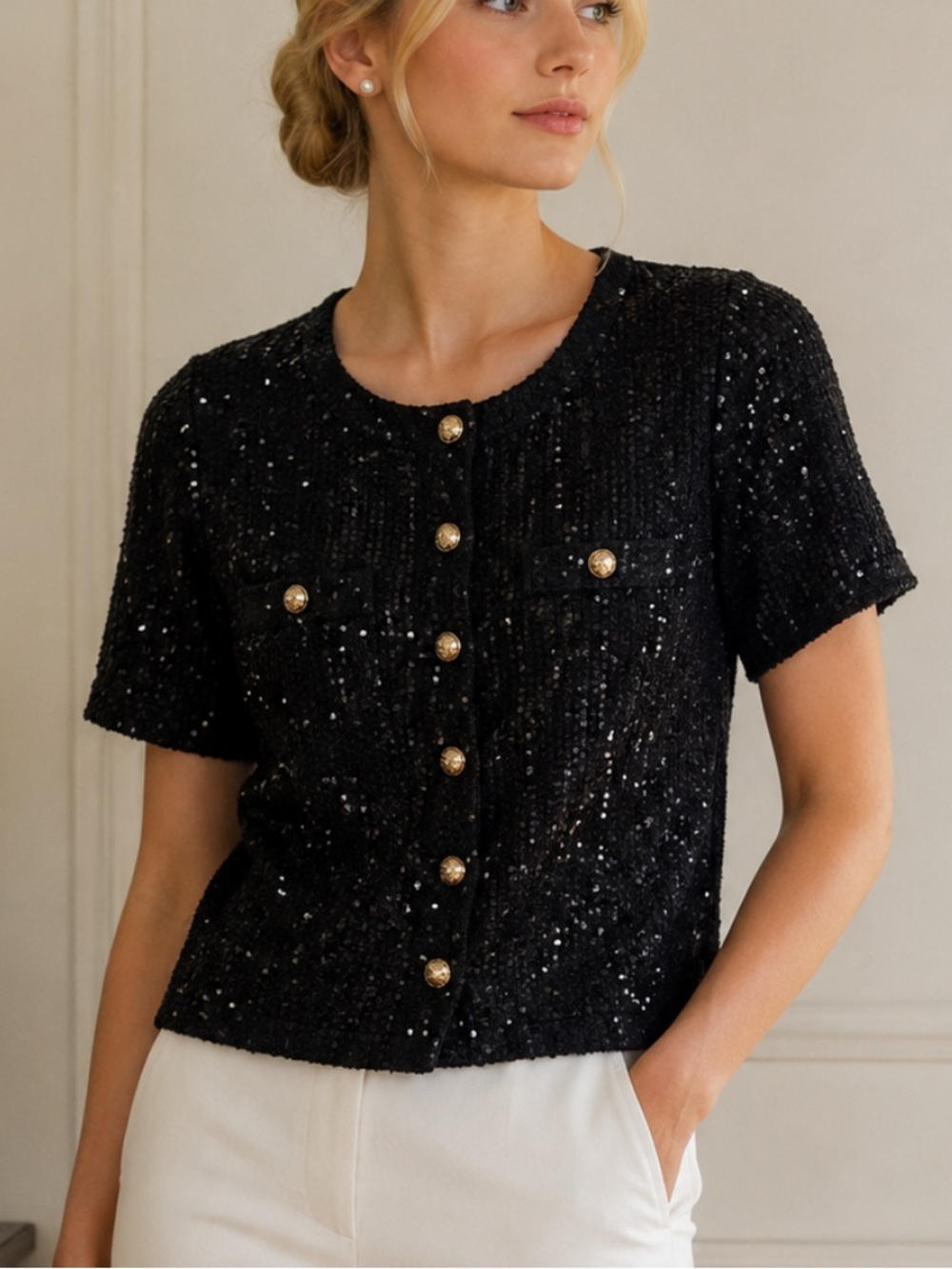 Ann Taylor Black Sequin Top Gold Button Short Sleeve Party Blouse 25521